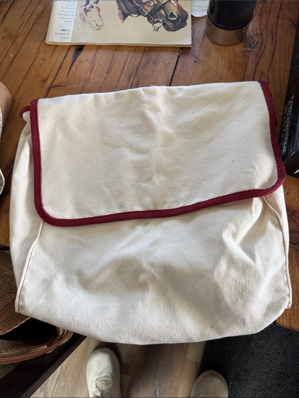 Canvas Fold-Over Bag in Cream with Wine Trim